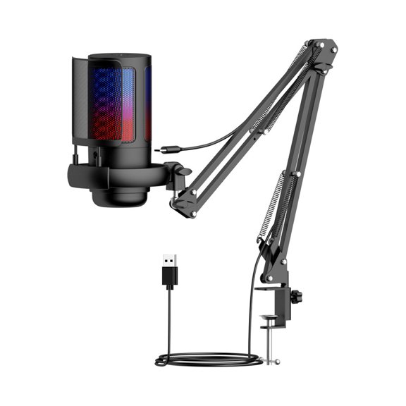 Gaming USB Microphone, Noise Cancellation Condenser Mic with Mute, Boom Arm Mic-Reverb Adjustment, Monitoring for Streaming, Podcasting, YouTube, PC, Computer, Mac