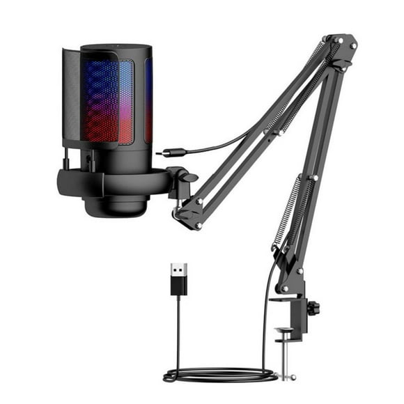Gaming USB Microphone for PCPodcast Microphone Kit for Streaming, Condenser Mic with Quick Mute, Boom Arm, Pop Filterm, RGB Indicator, Shock Mount, Rotate Gain button, Compatible with PS4/5/PC