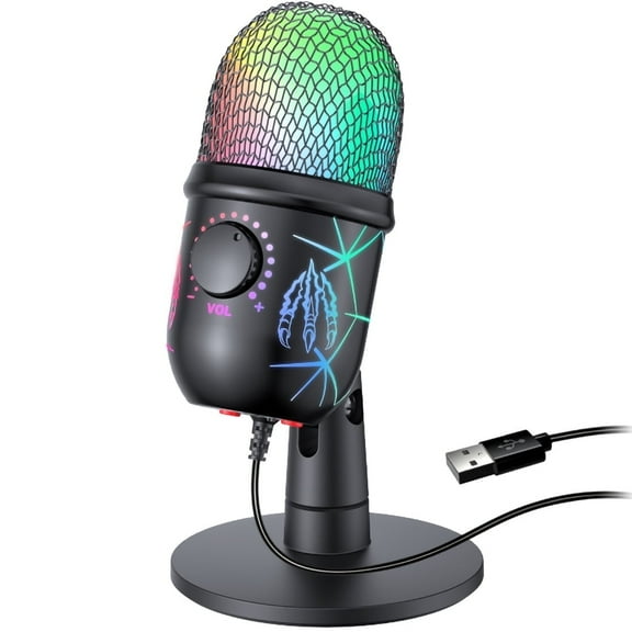 Gaming USB Microphone for PC, Gaming Microphone with RGB Lighting Headphone Output Volume Control Mute Button Noise Cancellation for Studio Recording, Karaoke,  Streaming Podcast
