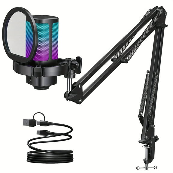 Gaming USB Microphone with RGB Lighting, Adjustable Boom Arm, Noise Cancelling for PC/PS4/PS5, USB-C Streaming Podcast Mic with Mute & Gain Control