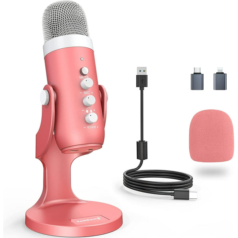 Gaming USB Pink Microphone with Quick Mute for Phone Computer PC 