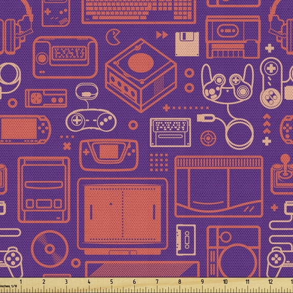 Ambesonne Gaming Fabric by the Yard Upholstery, Game Items Illustration Art, 10 Yards, Purple Burnt Sienna
