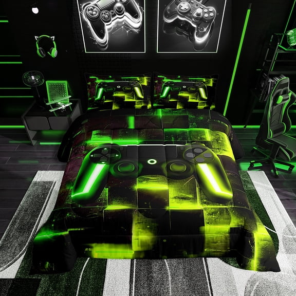 Gaming Video Game Bedding Twin Youth Modern Gradient Buffalo Comforter Set Twin, Gamepad Gamer Duvet Insert Contemporary Ombre Futuristic Cubes Quilt Comforter Black Green Yellow Bedding