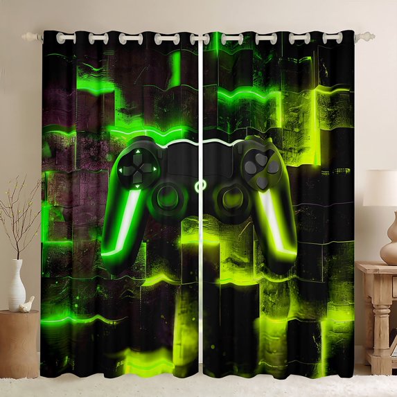 Gaming Video Game Curtains & Drapes Youth Modern Gradient Buffalo Curtains,Gamepad Gamer 30%-50% Blackout Curtains Ombre Futuristic Cubes Living Room Curtains,Black Green Yellow Window Curtains