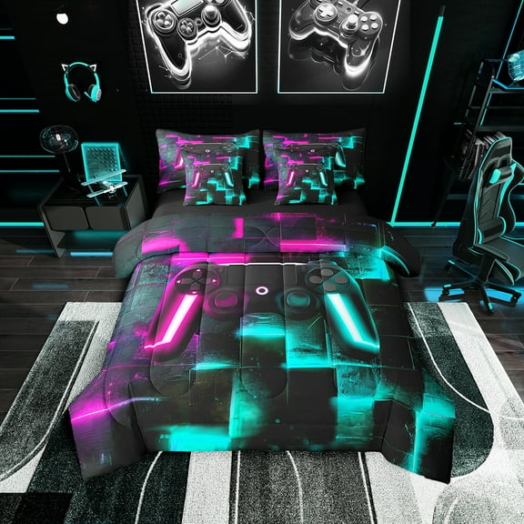 Gaming Video Game Twin Comforter Set 7 Pieces Youth Gradient Buffalo Bedding Comforter Sets, Gamepad Gamer Bed in a Bag Futuristic Cubes Bedding Set, Black Hot Pink Teal Blue Bed Sheets Set
