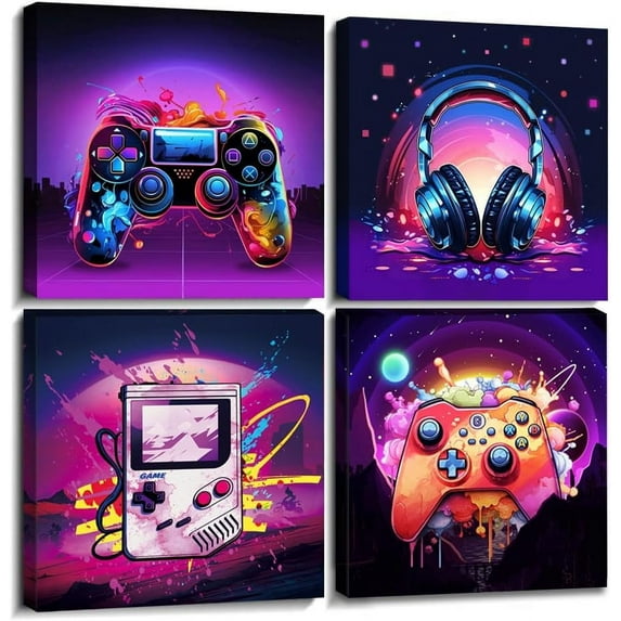 Gaming Wall Decor Gamer Room Wall Decor for Boys Modern Graffiti Canvas Wall Art for Men Bedroom Retro Vedio Gamepad Headphone Pictures Kids Colorful Street Pop Artwork Home Decor 12x12" 4 Pcs