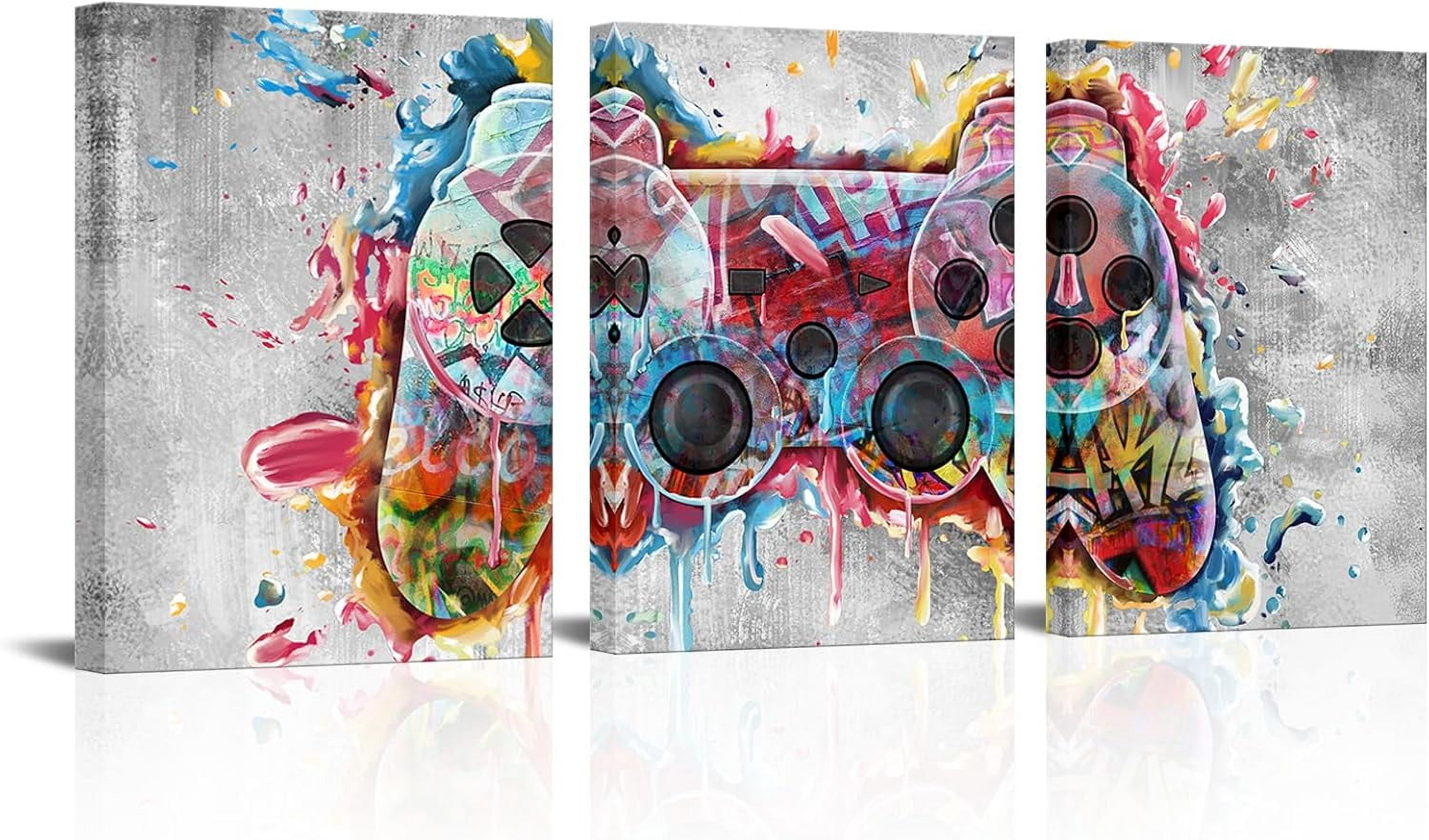Cool Gaming Room Décor Lot de 3 - Jeu Vidéo Aquarelle Graffiti Gamepad