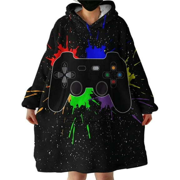 Gaming Wearable Blanket Modern Sweatshirt for Boys, Colorful Gamepad Blanket Hoodie with Sherpa