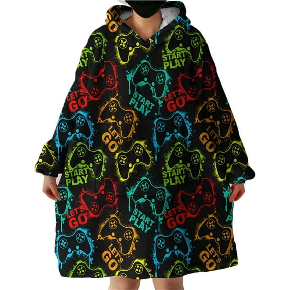 Gaming Wearable Blanket Modern Sweatshirt for Boys, Colorful Gamepad Blanket Hoodie with Sherpa