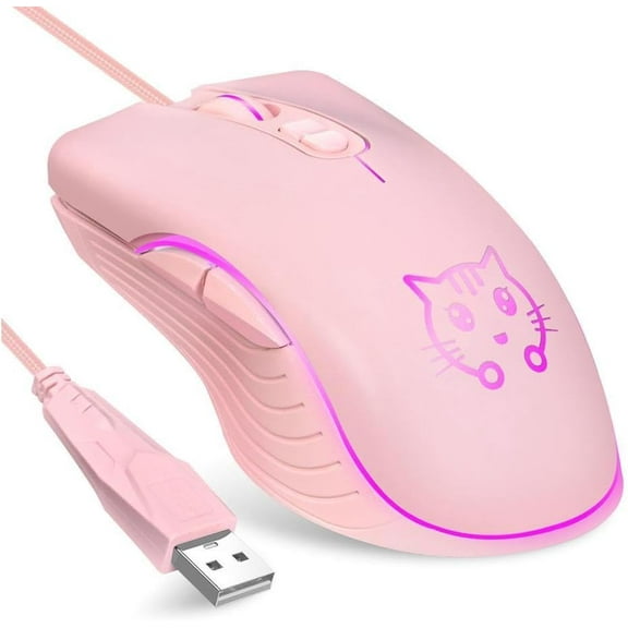 Gaming Wired USB Mouse, 2400DPI 4 Adjustable Levels, Ergonomic Slient Mouse for PC/Desktop/Laptop - Pink Cat