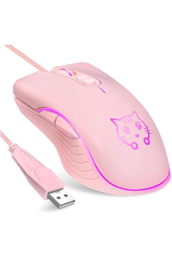 Gaming Wired USB Mouse, 2400DPI 4 Adjustable Levels, Ergonomic Slient Mouse for PC/Desktop/Laptop - Pink Cat