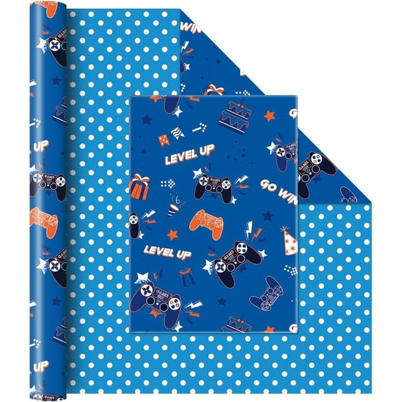 Gaming Wrapping Paper Roll - 1 Roll 17” x 33 ft Video Game Wrapping Paper Blue Game Gift Packing Supply for Boys Birthday Game Party Favor Polka Dot Design