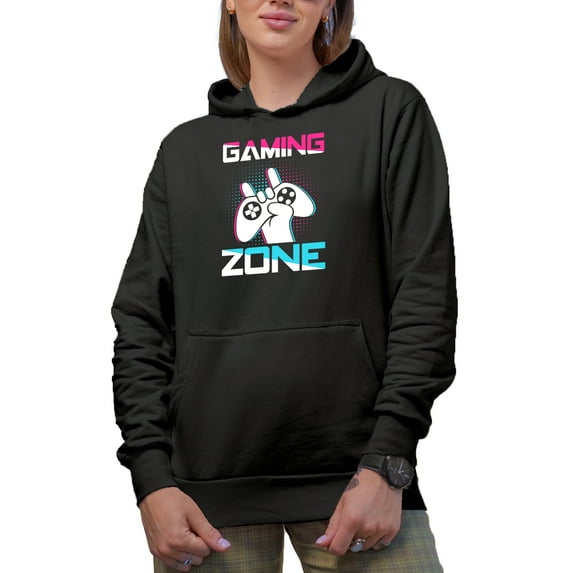 Gaming Zone with Game Controller, Black Hooded Sweatshirt or Hoodie, XL