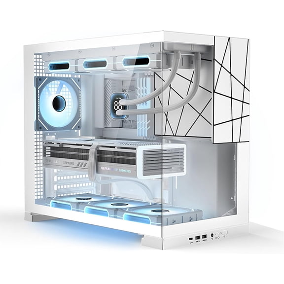 Gaming case, mid-tower computer case with double-layer structure for cable management, 270 panoramic unique desktop chassis, pre-installed rear fan, suitable for / motherboard, 360 (white, 1201)