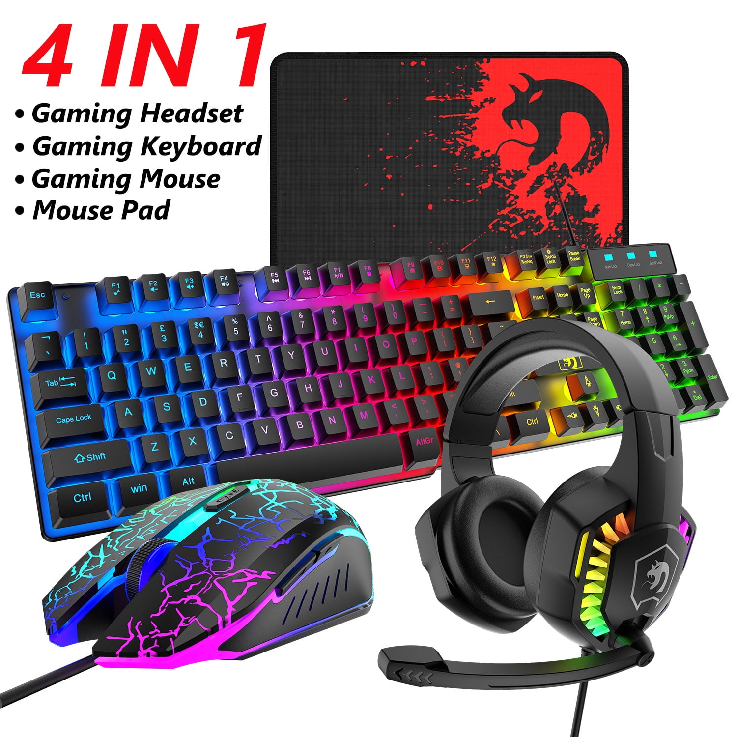 Gaming Accessories Kit (Red), 4-in-1 LED Backlight Bundle PC Combo with  Multimedia Keyboard Optical Mouse Mouse Pad & Headset with Adapter