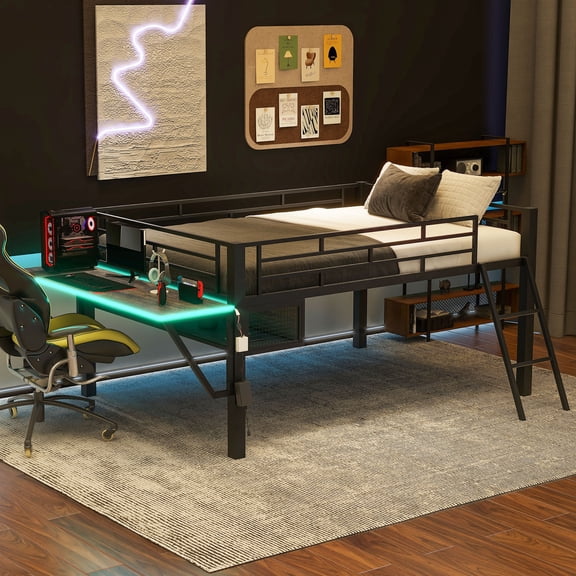 Gaming mid loft bed with desk, Wood, Black, for Bedroom, Durable Build