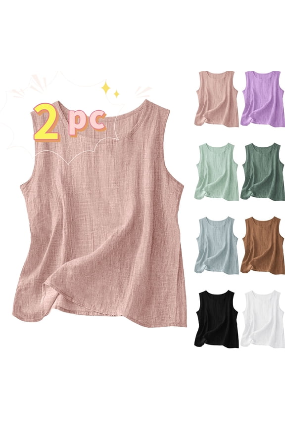 2 Pack Linen Tank Tops for Women Sleeveless Crew Neck Loose Fit Summer Tops Basic Casual Shirts Vacation Beach Linen Look outfits Wear