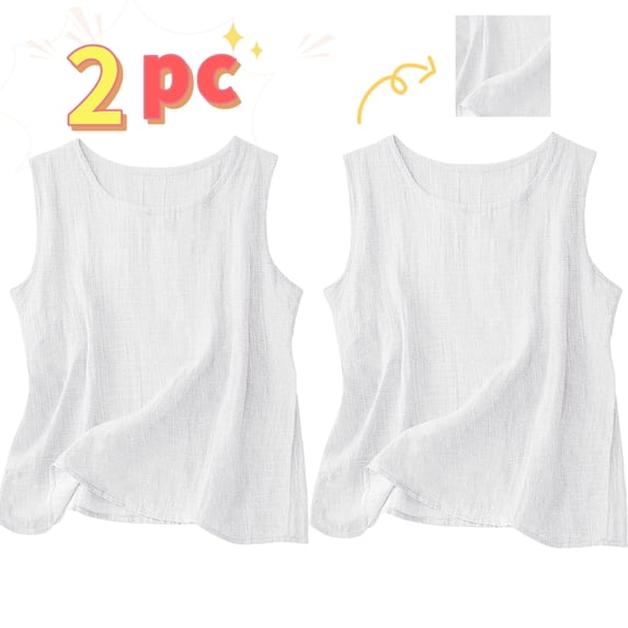 Gamivast 2 Pack Linen Tank Tops for Women Sleeveless Crew Neck Loose Fit Summer Tops Basic Casual Shirts Vacation Beach Linen Look outfits Wear