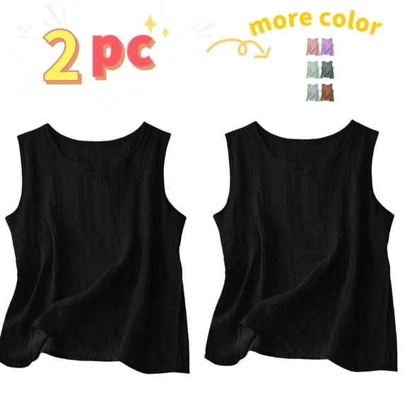 Gamivast 2 Pack Linen Tank Tops for Women Sleeveless Crew Neck Loose Fit Summer Tops Basic Casual Shirts Vacation Beach Linen Look outfits Wear