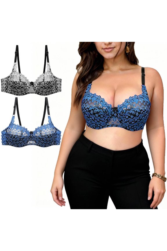 2 Pck Bras for Women Plus Size Underwire Comfortable Breathable Soft Seamless Lace Balconette Bra Supportive Push up Lifting Full Coverage Gym Everyday Bras Blue XXXXXL