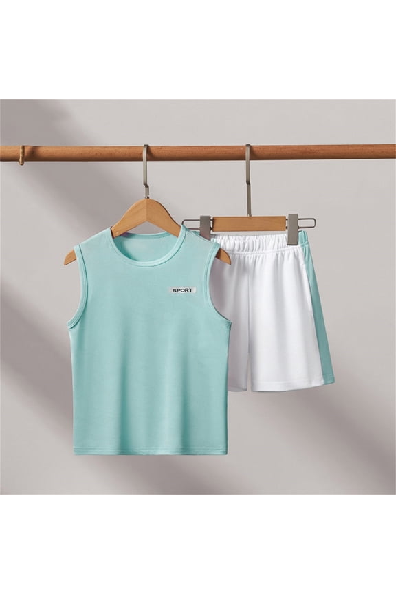 2 Piece Athletic Set for Boys Sleeveless Muscle Tank Top and Elastic Waist Shorts Set Quick-Dry Breathable Mesh Fabric Gym Workout Training Set