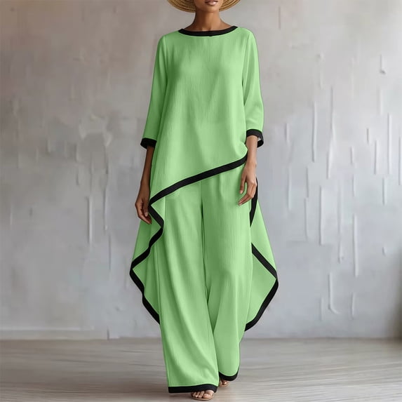 Gamivast 2 Piece Boho Sets for Women Oversized Tunic Tops Wide Leg Pants Set Casual Contrast Trim Sweatsuits Flowy Outfits for Daily Streetwear Green L