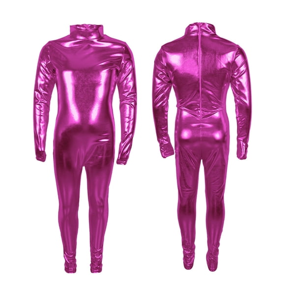 Gamivast 2 Piece Jumpsuit for Kids Mock Neck Long Sleeve Unitard Set Stretch Metallic Shiny Fabric Zentai Suit Halloween Performance Costume