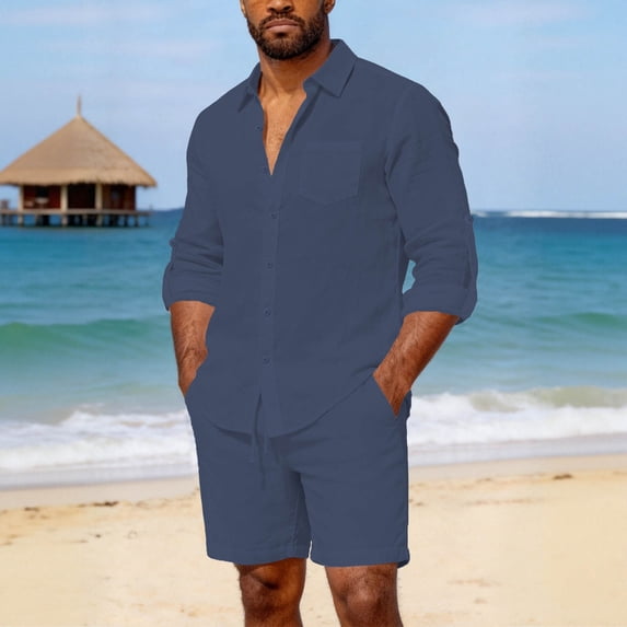 Gamivast 2 Piece Linen Set for Men Long Sleeve Button Down Shirt and Drawstring Shorts Set Breathable Lightweight Casual Summer Beach Vacation Outfit Set