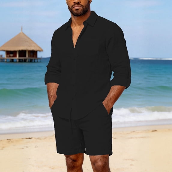 Gamivast 2 Piece Linen Set for Men Long Sleeve Button Down Shirt and Drawstring Shorts Set Breathable Lightweight Casual Summer Beach Vacation Outfit Set