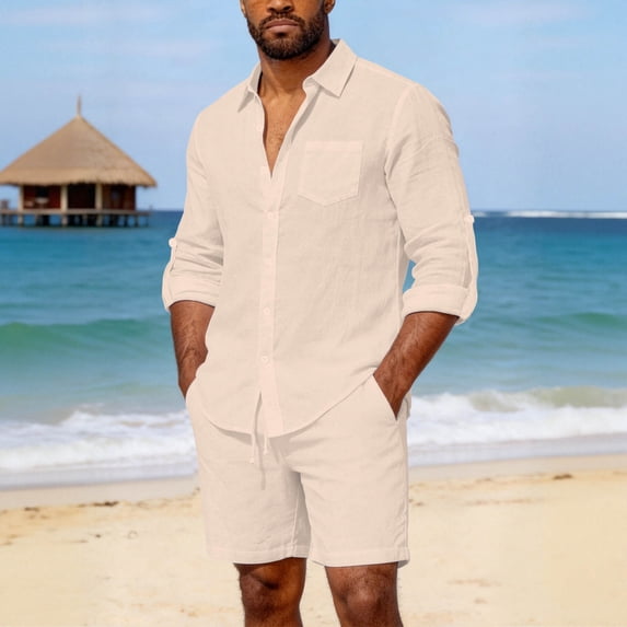 Gamivast 2 Piece Linen Set for Men Long Sleeve Button Down Shirt and Drawstring Shorts Set Breathable Lightweight Casual Summer Beach Vacation Outfit Set