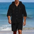 thumbnail image 1 of Gamivast 2 Piece Linen Set for Men Long Sleeve Hooded Button Down Shirt and Drawstring Shorts Set Breathable Lightweight Casual Summer Beach Sweatsuit, 1 of 9