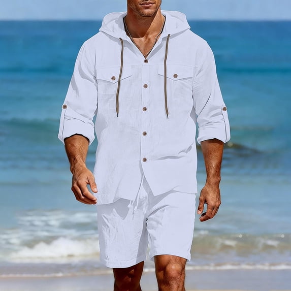 Gamivast 2 Piece Linen Set for Men Long Sleeve Hooded Button Down Shirt and Drawstring Shorts Set Breathable Lightweight Casual Summer Beach Sweatsuit