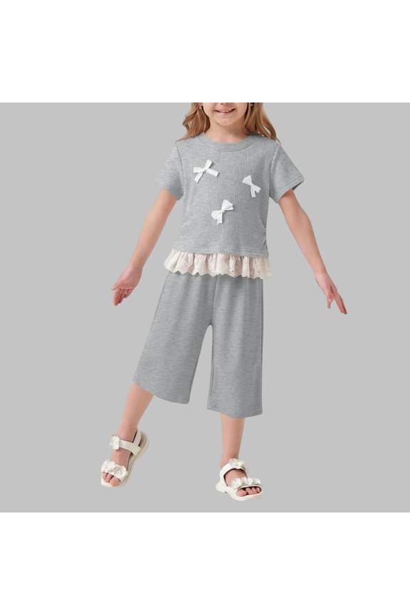 2 Piece Outfits for Girls Ribbed Short Sleeve Bow Top and Wide Leg Culottes Set Lace Trim Hem Breathable Summer Playwear Casual Fashion Outfit