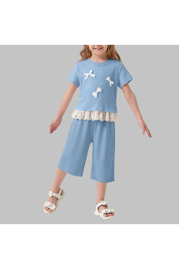2 Piece Outfits for Girls Ribbed Short Sleeve Bow Top and Wide Leg Culottes Set Lace Trim Hem Breathable Summer Playwear Casual Fashion Outfit