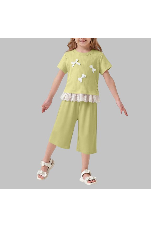 2 Piece Outfits for Girls Ribbed Short Sleeve Bow Top and Wide Leg Culottes Set Lace Trim Hem Breathable Summer Playwear Casual Fashion Outfit