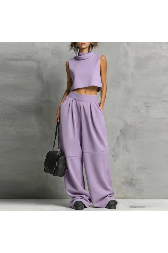 2 Piece Outfits for Women Mock Neck Sleeveless Crop Top & Wide Leg Palazzo Pants Summer Streetwear High Waist Trousers Casual Chic