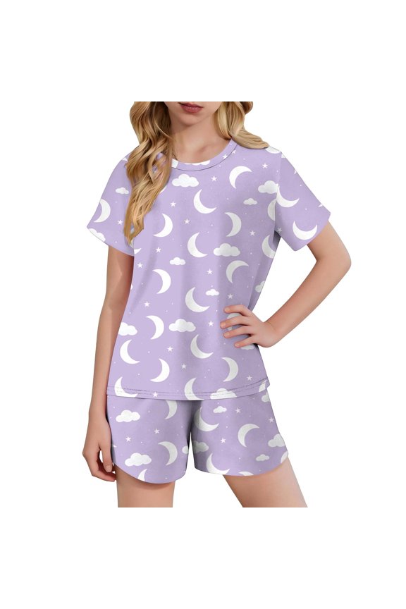 2 Piece Pajama Set for Girls Cloud Moon Print Short Sleeve Top and Summer Shorts Stretchy Soft Knit Fabric for Daily Casual Loungewear Outfit