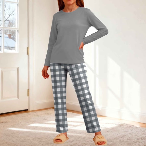 Gamivast 2 Piece Pajama Set for Women Long Sleeve Crew Neck Top and Tapered Pants Set Classic Plaid Pattern Breathable Soft Sleepwear Loungewear Set