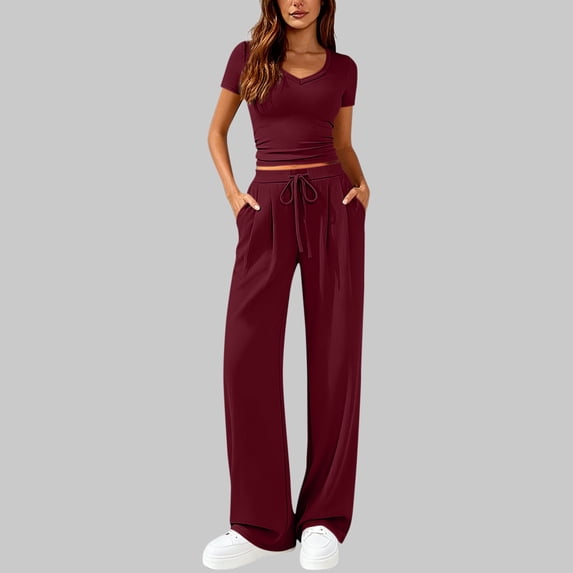 Gamivast 2 Piece Sets for Women V-Neck Short Sleeve Crop Top & Wide Leg Pants Solid Soft Stretchy Yoga Lounge Wear Casual Summer Daily Matching Outfits