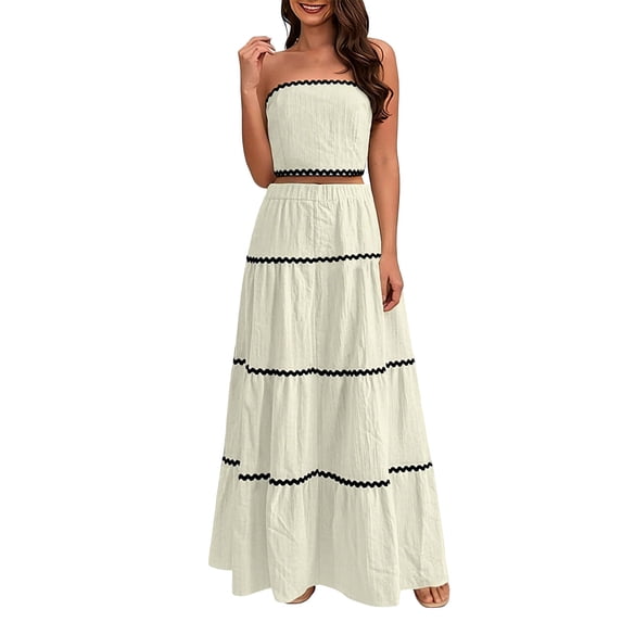 Gamivast 2 Piece Skirt Sets for Women Strapless Tube Top & Tiered Maxi Skirt Boho Outfits Wavy Trim Soft Summer Vacation Beach Cover Up Matching Dresses