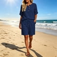 thumbnail image 1 of Gamivast 2 Piece Summer Outfits for Women Casual Linen Textured Short Sleeve Henley Shirt and Drawstring Shorts Set Loose Fit Lounge Tracksuit Vacation Streetwear Navy L, 1 of 7