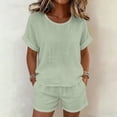 thumbnail image 1 of Gamivast 2 Piece Summer Outfits for Women Casual Linen Textured Short Sleeve Top and Drawstring Shorts Set Loose Fit Matching Lounge Sweatsuits Vacation Streetwear Pajamas Green L, 1 of 7