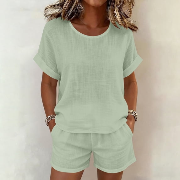 Gamivast 2 Piece Summer Outfits for Women Casual Linen Textured Short Sleeve Top and Drawstring Shorts Set Loose Fit Matching Lounge Sweatsuits Vacation Streetwear Pajamas Green L
