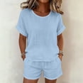 thumbnail image 1 of Gamivast 2 Piece Summer Outfits for Women Casual Linen Textured Short Sleeve Top and Drawstring Shorts Set Loose Fit Matching Lounge Sweatsuits Vacation Streetwear Pajamas Blue XXXL, 1 of 7