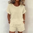 thumbnail image 1 of Gamivast 2 Piece Summer Outfits for Women Casual Linen Textured Short Sleeve Top and Drawstring Shorts Set Loose Fit Matching Lounge Sweatsuits Vacation Streetwear Pajamas Beige XXL, 1 of 7
