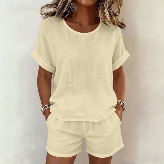 Gamivast 2 Piece Summer Outfits for Women Casual Linen Textured Short Sleeve Top and Drawstring Shorts Set Loose Fit Matching Lounge Sweatsuits Vacation Streetwear Pajamas Beige XXL