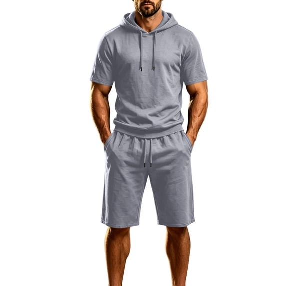 Gamivast 2 Piece Sweatsuit Outfit for Men Short Sleeve Pullover Hoodie and Elastic Waist Drawstring Shorts Casual Summer Tracksuit Gray XXL