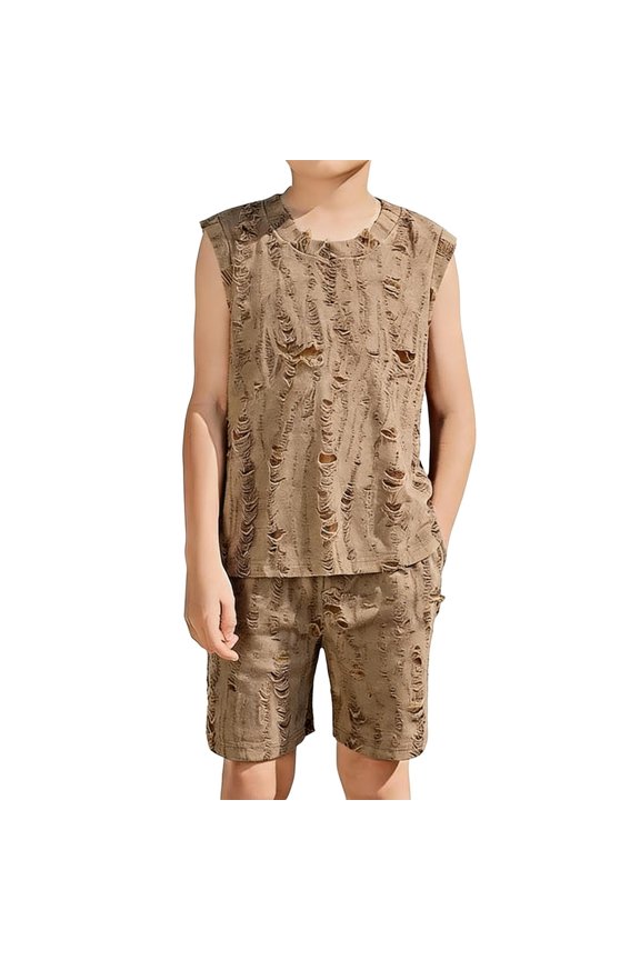 2 Piece Tracksuit for Boys Distressed Sleeveless Muscle Top and Matching Shorts Set Breathable Durable Fabric for Athletic Sports Workout Outfit