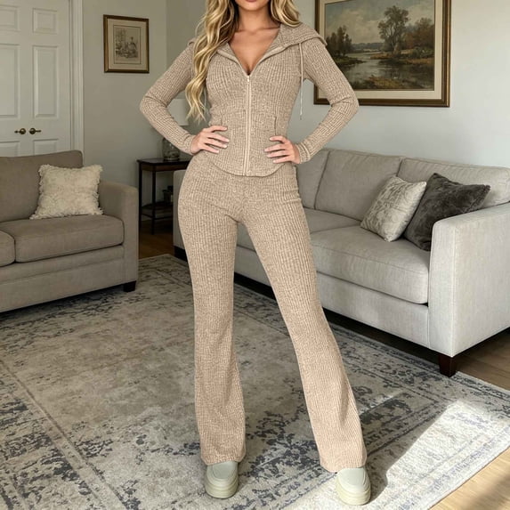 Gamivast 2 Piece Tracksuit Set for Women Ribbed Knit Full Zip Collared Long Sleeve Jacket Wide Leg Pants Fall Lounge Outfit Beige M