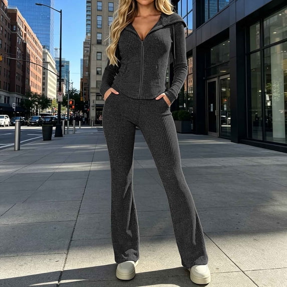 Gamivast 2 Piece Tracksuit Set for Women Ribbed Knit Full Zip Collared Long Sleeve Jacket Wide Leg Pants Fall Lounge Outfit Dark Gray M